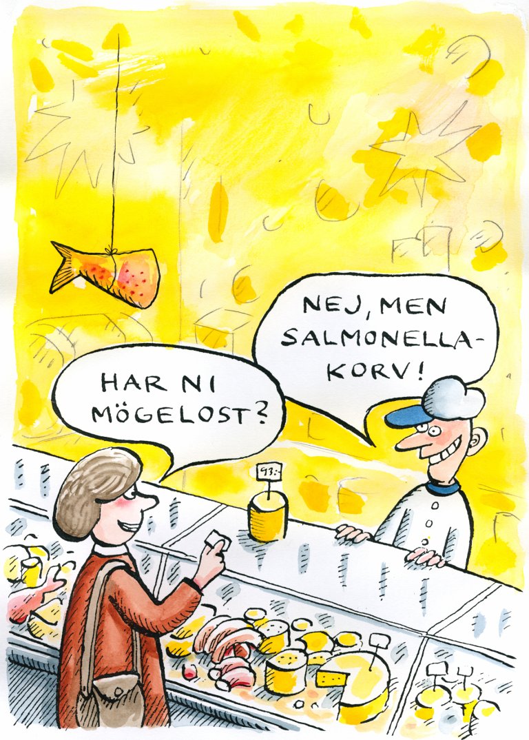 Tegning av en kvinne som vil ha muggost, men som blir tilbudt salmonellapølse i stedet.