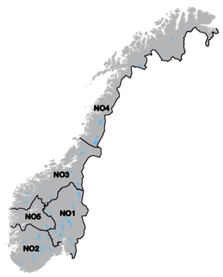 Kart over Norge med de fem prisområdene tegnet inn.