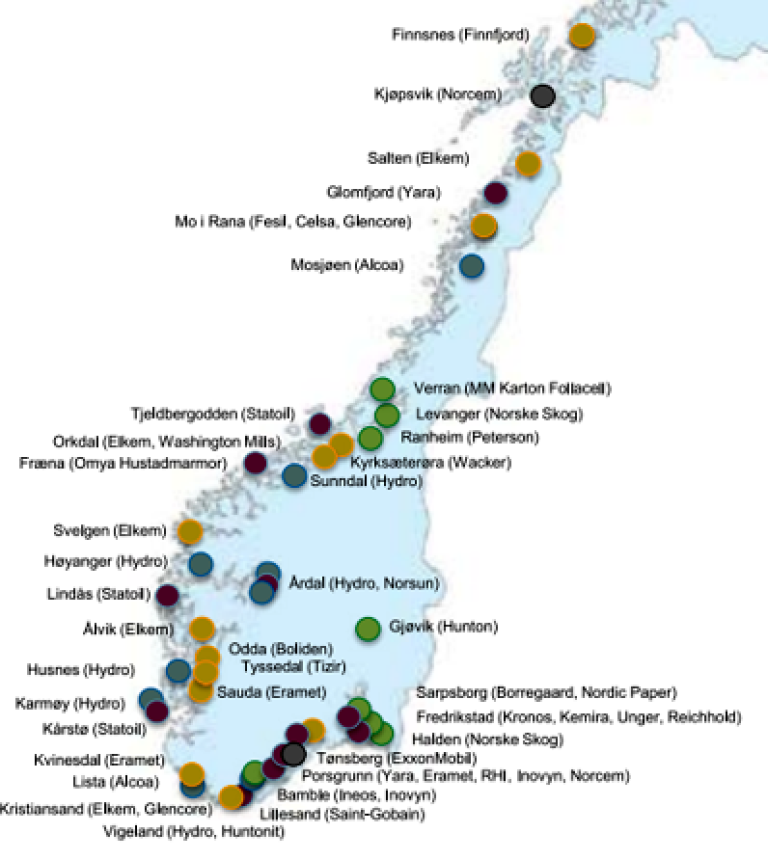 Kart over Norge med industristeder lagt inn.