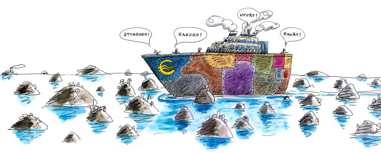 Tegning av skip med eurologoen i baugen navigerer mellom skjær overalt