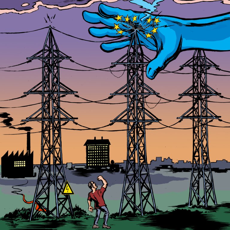 Tegningen viser en blå hand med EU-stjerner som får strøm i seg fra en kraftmast.