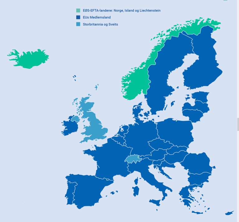 Kart over EU-landene og EØS-landene.