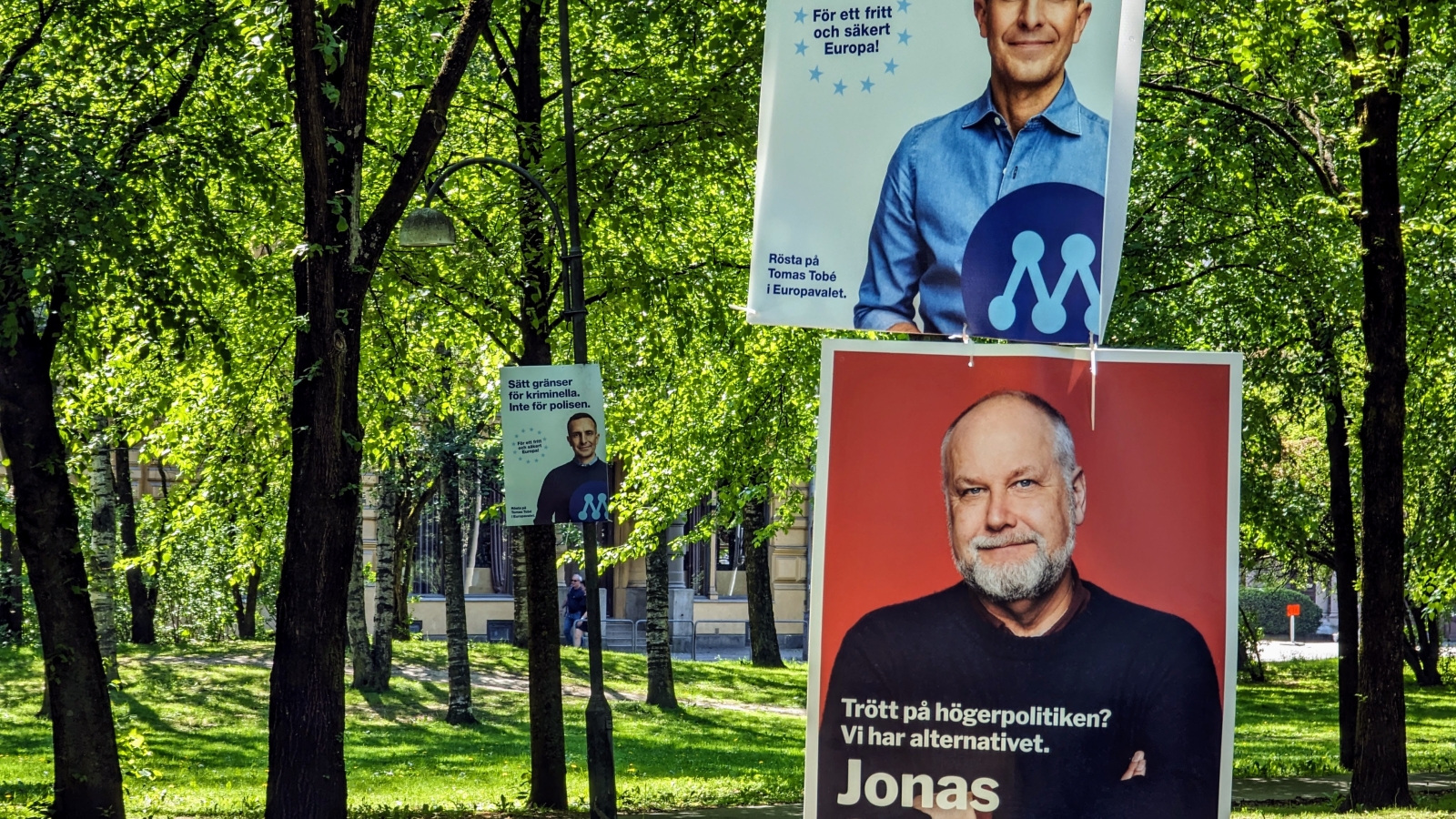 Valgplakater satt opp i en park i Gøteborg før valget 6.–9. juni 2024.