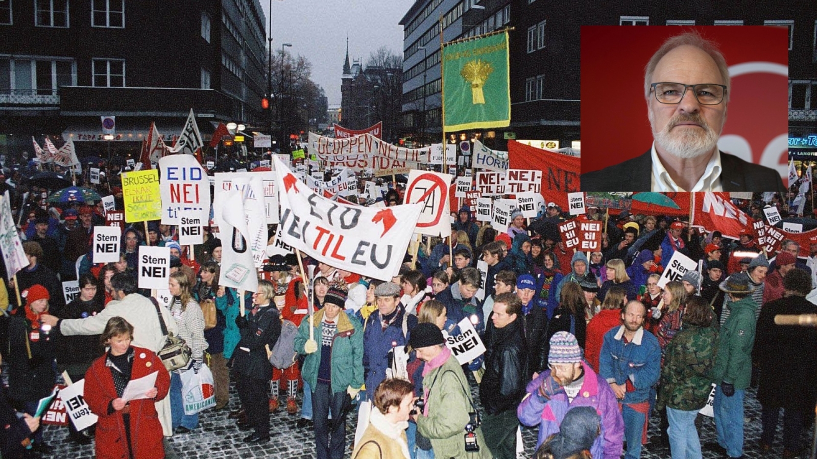 Sogn og Fjordane Nei til EU i Oslo under den store demonstrasjonen 19. november 1994. Innfelt: Einar Frogner
