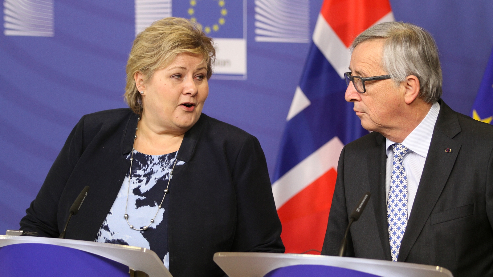 Erna Solberg og tidligere president for EU-kommisjonen, Jean-Claude Juncker. (Foto: Utenriksdepartementet,)
