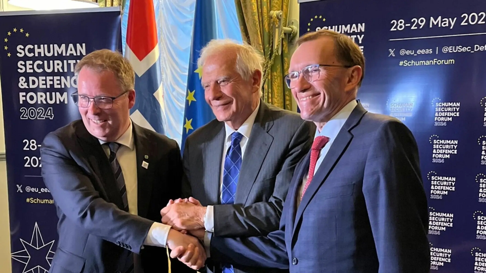 Ny avtale: Forsvarsminister Bjørn Arild Gram, EUs utenrikssjef Josep Borrell og utenriksminister Espen Barth Eide ved signeringen av forsvarsavtalen mellom Norge og EU 28. mai 2024.