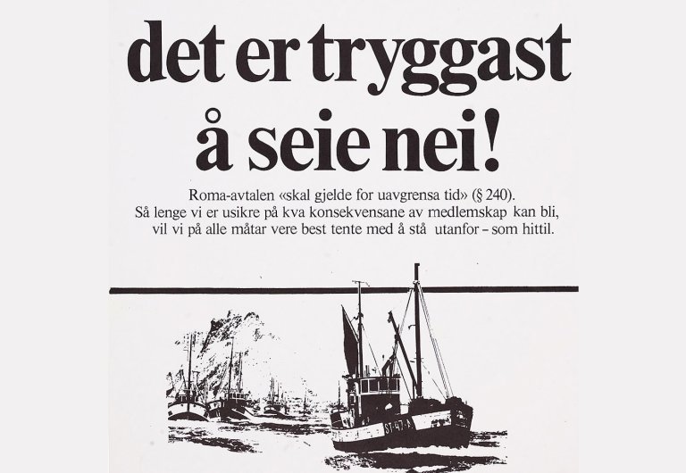 Plakatutsnitt med tegning av fiskebåt og budskapet "det er tryggast å seie nei". 