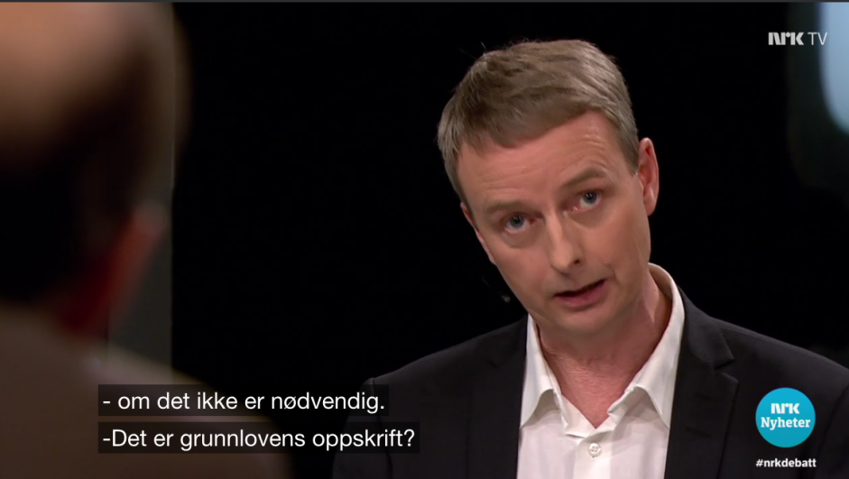 Energiminister i klemme i NRK-programmet Debatten når profesor Eivind Smith spør om dette virkelig er Grunnlovens oppskrift.