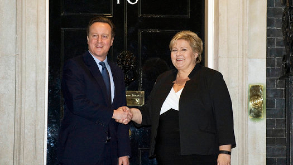 Statsministrene David Cameron og Erna Solberg i Downing Street.