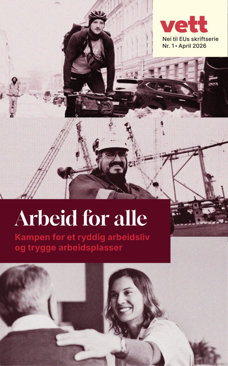 Framsida til et hefte som viser et sykkelbud, en industriarbeider og ei kvinne i et omsorgsyrke. 